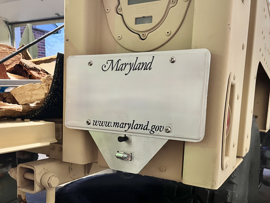 RL M1101 License Bracket - Installed with optional LED light and with example license plate 